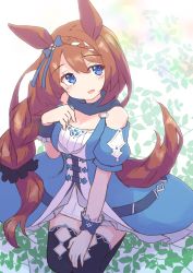 Rule 34 | 1girl, absurdres, animal ears, bare shoulders, black thighhighs, blue bow, blue eyes, blue jacket, blush, bow, braid, breasts, brown hair, commentary request, dress, ear bow, hair between eyes, hand up, head tilt, highres, horse ears, horse girl, horse tail, ichi (ichi.colors), jacket, long hair, looking at viewer, medium breasts, open mouth, puffy short sleeves, puffy sleeves, short sleeves, single braid, skirt, solo, super creek (umamusume), tail, thighhighs, umamusume, very long hair, white dress, white skirt, wrist cuffs