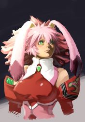 Rule 34 | animal ears, breasts, closed mouth, detached sleeves, dyed bangs, green eyes, highres, long hair, loveyama, pink hair, rabbit ears, seraphita (xenogears), simple background, solo, xenogears