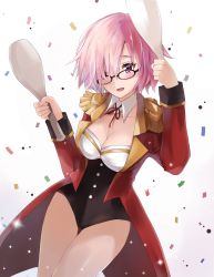 Rule 34 | 1girl, artist name, black-framed eyewear, breasts, choker, cleavage, collarbone, fate/grand order, fate (series), glasses, highres, holding, leotard, mash kyrielight, mash kyrielight (welcome to the travelling circus!), medium breasts, namii, neck ribbon, official alternate costume, pink hair, purple eyes, red ribbon, ribbon, shiny skin, short hair, solo, standing, white background