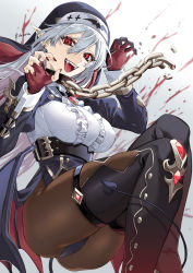 Rule 34 | 1girl, arms up, blood, blouse, boots, breasts, brown pantyhose, demon girl, demon tail, demon wings, eyebrows hidden by hair, fingerless gloves, gao, gloves, grey hair, hair between eyes, halloween, halloween costume, hat, highres, large breasts, long hair, looking at viewer, nun, open mouth, original, pantyhose, pointy ears, red eyes, shirt, smile, solo, tail, tatsuma daisuke, teeth, thigh boots, vampire, wings