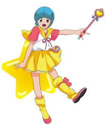 Rule 34 | 1980s (style), 1girl, black eyes, blue hair, full body, highres, holding, holding wand, looking at viewer, mahou no tenshi creamy mami, morisawa yuu, official art, oldschool, open mouth, pink footwear, retro artstyle, short hair, short sleeves, simple background, skirt, solo, takada akemi, wand, white background, yellow skirt