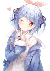 Rule 34 | 1girl, amamine, belt, blue hair, blue jacket, blue ribbon, blush, carrot hair ornament, choker, commentary request, dress, food-themed hair ornament, fur trim, hair ornament, hair ribbon, head tilt, heart, hololive, jacket, long sleeves, off shoulder, open clothes, open jacket, parted lips, red eyes, ribbon, sailor collar, short eyebrows, short hair, simple background, solo, thick eyebrows, two side up, usada pekora, usada pekora (casual), v, virtual youtuber, white background, white belt, white choker, white dress, white sailor collar