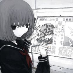 Rule 34 | 1girl, black eyes, black sailor collar, black serafuku, blunt bangs, closed mouth, commentary request, dot nose, drawing tablet, empty eyes, expressionless, grey hair, hands up, highres, holding, holding stylus, long sleeves, looking at viewer, monochrome, neckerchief, noroi (rnatataki), original, red neckerchief, sailor collar, school uniform, serafuku, short hair, solo, spot color, stylus, translation request, upper body
