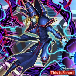 Rule 34 | 1boy, armor, attack, aura, blue armor, blue headwear, blue skin, colored skin, commentary request, copyright name, dark magician, duel monster, electricity, energy, facial mark, hat, highres, holding, holding staff, hucydin, male focus, outstretched arm, purple hair, staff, twitter username, wizard, wizard hat, yu-gi-oh!