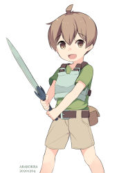 Rule 34 | 1boy, arakokra, armor, bare legs, breastplate, brown eyes, brown shorts, child, commentary, english commentary, fantasy, highres, holding, holding weapon, looking at viewer, male focus, open mouth, original, shorts, simple background, solo, sword, weapon, white background
