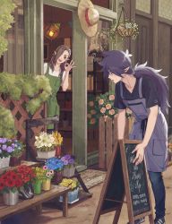 Rule 34 | 234 (1234!), 2boys, absurdres, apron, black pants, black shirt, blue flower, brown hair, day, door, fengxi (the legend of luoxiaohei), flower, green apron, hair over one eye, hand up, hanging plant, hat, highres, leaf, lily (flower), long hair, luo xiaohei zhanji, luozhu (the legend of luoxiaohei), multiple boys, nemophila (flower), outdoors, pants, pink flower, plant, pointy ears, potted plant, profile, purple apron, purple flower, purple hair, red flower, shadow, shelf, shirt, short sleeves, unworn hat, unworn headwear, white flower, yellow flower