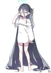 Rule 34 | 1girl, absurdly long hair, alternate costume, aris (blue archive), bare legs, bare shoulders, barefoot, black hair, black hairband, blue archive, blue eyes, clothes writing, commentary, dated, full body, hair between eyes, hairband, halo, highres, legs, long hair, long sleeves, myeolchi, off-shoulder shirt, off shoulder, one eye closed, shirt, side ponytail, sleepy, solo, standing, t-shirt, toes, very long hair, white shirt