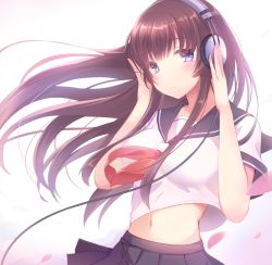 Rule 34 | 1girl, black skirt, blue eyes, blush, breasts, brown hair, cherry blossoms, closed eyes, commentary, eyebrows, gradient background, hands up, headphones, long hair, looking at viewer, medium breasts, midriff, multicolored background, navel, neckerchief, original, petals, pink background, pleated skirt, red neckerchief, sailor collar, school uniform, serafuku, short sleeves, skirt, smile, solo, tlla, two-tone background, white background, wind, wind lift