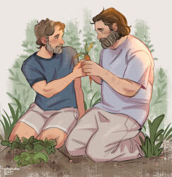 Rule 34 | 2boys, bara, beard, bill (last of us), blush, carrot, couple, eye contact, facial hair, frank (last of us), grey hair, harvest, highres, holding hands, kneeling, looking at another, male focus, mature male, multicolored hair, multiple boys, old, old man, on ground, plant, sadmishutka, shirt, short hair, short shorts, shorts, smile, streaked hair, t-shirt, the last of us, the last of us (series), thick eyebrows, thick mustache, yaoi
