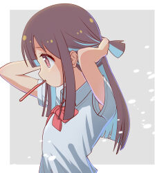 Rule 34 | 1girl, alternate hair length, alternate hairstyle, bare arms, blue hair, blunt bangs, blunt ends, bow, bowtie, brown eyes, brown hair, colored inner hair, commentary, from side, grey background, highres, hozuki momiji, long hair, mouth hold, multicolored hair, onii-chan wa oshimai!, profile, red bow, red bowtie, shirt, short ponytail, short sleeves, sidelocks, simple background, solo, toothbrush in mouth, two-tone hair, upper body, white shirt, wing collar, yojiro11