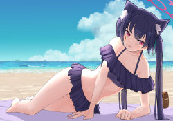 Rule 34 | 1girl, absurdres, animal ear fluff, animal ears, bare shoulders, beach, bikini, black bikini, blue archive, blush, cat ears, collarbone, frilled bikini, frills, halo, highres, kakimoto nao, long hair, looking at viewer, lying, ocean, off-shoulder bikini, off shoulder, on side, outdoors, parted lips, red eyes, serika (blue archive), solo, swimsuit, thighs, twintails, water