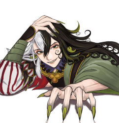 Rule 34 | 1boy, ashiya douman (fate), asymmetrical clothes, asymmetrical hair, bell, black eyes, black hair, curly hair, earrings, eyeshadow, fate/grand order, fate (series), fingernails, green eyeshadow, green kimono, green nails, hair bell, hair between eyes, hair intakes, hair ornament, hand on own head, highres, japanese clothes, jewelry, kimono, long hair, looking at viewer, lying, magatama, magatama earrings, makeup, male focus, mochi risu, multicolored hair, nail polish, on stomach, open clothes, open kimono, ribbed sleeves, scratches, scratching, sharp fingernails, smile, solo, split-color hair, two-tone hair, upper body, very long fingernails, very long hair, white background, white hair