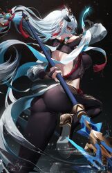 Rule 34 | 1girl, absurdres, ass, backless outfit, black bodysuit, bodysuit, braid, breasts, earrings, from behind, genshin impact, grey hair, hair ornament, high heels, highres, hip vent, holding, holding polearm, holding weapon, jewelry, knee up, leg up, long hair, looking back, low-braided long hair, low-tied long hair, medium breasts, meltyrice, nail polish, polearm, shenhe (genshin impact), solo, tassel, tassel earrings, very long hair, vision (genshin impact), watermark, weapon