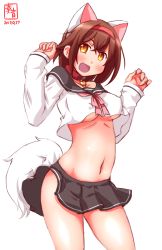 Rule 34 | 1girl, :d, alternate costume, animal ears, azur lane, blush, breasts, brown eyes, brown hair, commentary request, cosplay, covered erect nipples, dated, fake animal ears, hairband, heart collar, highres, historical name connection, kanon (kurogane knights), kantai collection, looking at viewer, medium breasts, name connection, navel, no bra, no panties, open mouth, paw pose, pleated skirt, shiratsuyu (azur lane), shiratsuyu (azur lane) (cosplay), shiratsuyu (kancolle), short hair, simple background, sketch, skirt, smile, solo, tail, underboob, white background, wolf ears, wolf tail