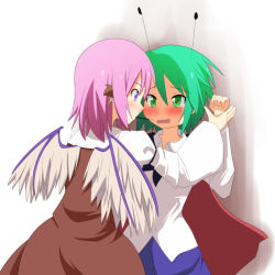 Rule 34 | 2girls, against wall, antennae, armband, bird wings, blush, cape, cato (monocatienus), dress, dress shirt, earrings, eye contact, food, green eyes, green hair, holding another&#039;s wrist, jewelry, long sleeves, looking at another, multiple girls, mystia lorelei, no headwear, open mouth, pink hair, pocky, purple eyes, shadow, shirt, short hair, simple background, single earring, touhou, wavy mouth, white background, wings, wriggle nightbug, yuri