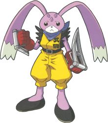 Rule 34 | 1boy, :&lt;, animal ears, digimon, digimon (creature), digimon xros wars, full body, gloves, highres, holding, holding weapon, horns, looking at viewer, ninja, no humans, official art, scan, simple background, solo, standing, turuiemon, weapon