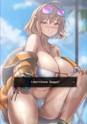 Rule 34 | 1girl, ahoge, anis (nikke), anis (sparkling summer) (nikke), bare shoulders, beach umbrella, between breasts, bikini, black socks, blurry, blurry background, blush, breasts, cameltoe, can, cat hair ornament, cloud, collarbone, covered erect nipples, day, english text, eyepatch bikini, eyewear on head, goddess of victory: nikke, grin, hair ornament, highres, holding, holding can, huge breasts, jacket, jewelry, knee up, large breasts, light brown hair, long sleeves, looking at viewer, meme, nail polish, navel, necklace, open clothes, open jacket, outdoors, palm leaf, pink-tinted eyewear, seggs (meme), short hair, side-tie bikini bottom, sitting, smile, socks, solo, string bikini, sunglasses, sweat, swimsuit, thick thighs, thighs, tinnies, tinted eyewear, twitter username, umbrella, underboob, white bikini, wide hips, yellow eyes, yellow nails