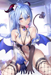 Rule 34 | 1girl, absurdres, ahoge, alternate costume, arm support, artist name, bare shoulders, bat wings, between legs, black gloves, blue hair, blush, braid, breasts, choker, cleavage, collarbone, condom, condom in mouth, condom wrapper, curled horns, daefny, demon girl, demon tail, detached sleeves, elbow gloves, fishnet legwear, fishnets, ganyu (genshin impact), genshin impact, gloves, hair ornament, halloween, halloween costume, heart, highres, horns, indoors, long hair, looking at viewer, low ponytail, medium breasts, mouth hold, navel, no shoes, purple eyes, seiza, sidelocks, signature, sitting, solo, sweat, tail, white sleeves, wings