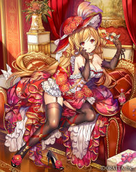 Rule 34 | 1girl, :d, bare shoulders, beads, black footwear, black gloves, black thighhighs, blonde hair, bottle, bow, box, breasts, chloris garden, cleavage, company name, couch, curly hair, curtains, domino mask, dress, eyebrows, floor, floral print, flower, framed, frilled dress, frills, full body, garter straps, gift, gift box, gloves, hand on own cheek, hand on own face, hat, hat feather, hat ribbon, high heels, holding, holding mask, indoors, jewelry, lace-trimmed hat, lace trim, large breasts, long hair, looking at viewer, madogawa, mask, necklace, official art, open mouth, painting (object), perfume bottle, picture frame, pink ribbon, print dress, red eyes, red hat, red ribbon, reflection, ribbon, rose, rose print, shade, shoes, single shoe, sitting, smile, solo, strapless, strapless dress, thighhighs, tissue box, unworn jewelry, unworn mask, unworn necklace, vase, very long hair, white ribbon