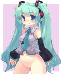 Rule 34 | 1girl, aqua hair, bad id, bad pixiv id, blue eyes, bottomless, cleft of venus, detached sleeves, fat mons, hatsune miku, headphones, long hair, necktie, pussy, solo, tsudero, twintails, uncensored, vocaloid