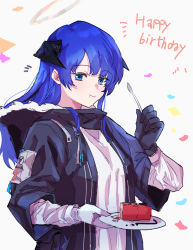 Rule 34 | 1girl, arknights, asymmetrical gloves, black coat, black gloves, blue eyes, blue hair, cake, chewing, closed mouth, coat, commentary request, confetti, demon horns, english text, food, fur-trimmed coat, fur trim, gloves, grey background, halo, hand up, happy birthday, highres, holding, holding plate, holding spoon, hood, hood down, hooded coat, horns, long hair, mismatched gloves, mostima (arknights), na tarapisu153, open clothes, open coat, plate, shirt, solo, spoon, upper body, white gloves, white shirt