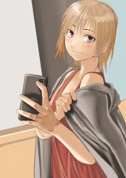 Rule 34 | 1girl, absurdres, blonde hair, blush, brown eyes, cellphone, closed mouth, dress, grey jacket, highres, holding, holding phone, jacket, jewelry, kilye kairi, looking at viewer, original, phone, red dress, ring, smartphone, smile, solo, wedding band