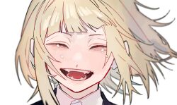 Rule 34 | 1girl, :d, ^ ^, black jacket, blonde hair, blunt bangs, blurry, boku no hero academia, close-up, closed eyes, collared shirt, commentary request, crying, fangs, highres, jacket, open mouth, portrait, shirt, short hair, simple background, smile, solo, toga himiko, white background, white shirt, yumei (jigoku101)