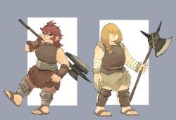 Rule 34 | 2girls, arm guards, arm wrap, armor, axe, battle axe, belt, blonde hair, braid, chicken0205, closed mouth, covered eyes, dia (dungeon meshi), dungeon meshi, dwarf, flip-flops, full body, hair over eyes, hair over shoulder, hand up, holding, holding weapon, long hair, looking at viewer, medium hair, multiple girls, namari (dungeon meshi), outside border, pants, pelt, plate armor, red hair, red pants, sand, sandals, shin guards, sleeveless, standing, standing on one leg, weapon