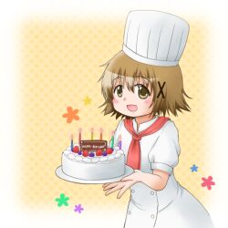 Rule 34 | 1girl, alternate costume, birthday cake, blueberry, brown eyes, brown hair, cake, candle, chef hat, dot nose, food, fruit, hair ornament, happy birthday, hat, hidamari sketch, holding, holding plate, looking at viewer, medium hair, open mouth, plate, short sleeves, solo, strawberry, x hair ornament, yuno (hidamari sketch), yunyan s
