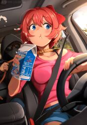 Rule 34 | 1girl, 1other, :t, absurdres, blue eyes, blue shorts, blush, bow, breasts, car interior, closed mouth, commentary, doki doki literature club, driving, english commentary, highres, holding, hood, hood up, khyle., mask, medium breasts, milk, mouth mask, pink hair, pink shirt, red bow, rope, sayori (doki doki literature club), seatbelt, shirt, short hair, shorts, steering wheel, sunglasses