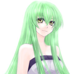 Rule 34 | 00s, 1girl, bad id, bad pixiv id, bare shoulders, c.c., code geass, female focus, green hair, long hair, simple background, smile, solo, sora (artist), sora (firstaid), strapless, yellow eyes