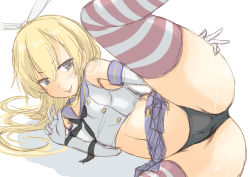 Rule 34 | 1girl, black hairband, black neckerchief, black panties, blonde hair, blue sailor collar, blue skirt, commentary request, crop top, dress, elbow gloves, fyuo, gloves, grey eyes, hairband, highleg, highleg panties, highres, kantai collection, leg up, long hair, looking at viewer, lying, microskirt, miniskirt, neckerchief, on side, panties, pleated dress, sailor collar, shimakaze (kancolle), simple background, skirt, solo, striped clothes, striped thighhighs, thighhighs, tongue, tongue out, underwear, v, white background, white gloves