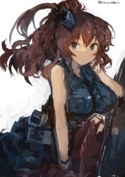 Rule 34 | 1girl, absurdres, black dress, blue eyes, breast pocket, breasts, brown hair, dress, highres, kaamin (mariarose753), kantai collection, long hair, one-hour drawing challenge, pocket, pouch, saratoga (kancolle), side ponytail, simple background, sleeveless, sleeveless dress, smokestack, smokestack hair ornament, solo, twitter username