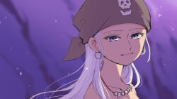 Rule 34 | 1girl, :|, bandana, blue dragon, blue eyes, chamuel zola, closed mouth, earrings, highres, jewelry, long hair, looking at viewer, necklace, outdoors, purple background, skull print, solo, white hair, zola (blue dragon)