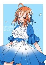 Rule 34 | 1girl, aqua background, artist name, artist request, blue ribbon, blue skirt, blush, braid, breasts, collarbone, dreamy color, dreamy color (love live!), dress, feather dress, feathers, female focus, floating hair, frilled dress, frills, hair ornament, hair ribbon, half-closed eyes, highres, looking at viewer, love live!, love live! school idol festival, love live! sunshine!!, miniskirt, orange hair, parted lips, plaid, plaid dress, plaid skirt, pleated, pleated dress, pleated skirt, pom pom (clothes), pom pom hair ornament, red eyes, ribbon, short hair, short sleeves, side braid, skirt, small breasts, smile, solo, takami chika, white dress, white feathers, white skirt