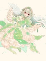 Rule 34 | 1girl, alternate color, boots, bubble, doll joints, dress, floating hair, frilled sleeves, frills, full body, green dress, green footwear, grey hair, hairband, highres, joints, juliet sleeves, kiru (m putorius), lolita fashion, lolita hairband, long hair, long sleeves, looking at viewer, parted lips, pink eyes, puffy sleeves, rozen maiden, simple background, solo, suigintou, white background, wide sleeves