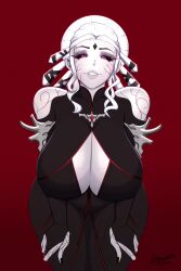 Rule 34 | 1girl, absurdres, artist name, bare shoulders, black dress, black nails, black sclera, breasts, cleavage, cleavage cutout, clothing cutout, collarbone, colored sclera, curvy, dress, forehead jewel, highres, huge breasts, leaning forward, lips, looking at viewer, mature female, pale skin, red background, red eyes, rosewald1929, rwby, salem (rwby), seductive smile, simple background, smile, solo, thick thighs, thighs, white hair, wide hips