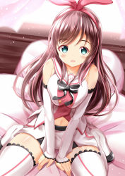 Rule 34 | 1girl, bare shoulders, bed sheet, between legs, blush, breasts, breasts squeezed together, brown hair, collarbone, commentary request, detached sleeves, green eyes, hairband, hand between legs, highres, kizuna ai, kizuna ai inc., large breasts, long hair, long sleeves, looking at viewer, medium breasts, multicolored hair, open mouth, pillow, pink hair, pink hairband, sailor collar, shirt, short shorts, shorts, sitting, sleeveless, sleeveless shirt, sleeves past wrists, solo, streaked hair, thighhighs, very long hair, virtual youtuber, wariza, white sailor collar, white shirt, white shorts, white sleeves, white thighhighs, xenon (for achieve)