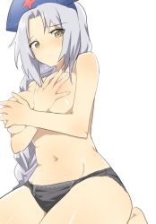 Rule 34 | 1girl, black panties, blush, braid, breasts, brown eyes, caburi aki, closed mouth, commentary request, covering privates, covering breasts, cross, grey hair, hat, large breasts, long hair, looking at viewer, navel, no pants, nurse cap, panties, red cross, simple background, single braid, smile, solo, stomach, touhou, underwear, underwear only, very long hair, white background, yagokoro eirin