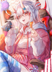 Rule 34 | 1girl, absurdres, bad id, bad pixiv id, chair, chips (food), commentary request, controller, double bun, food, gaming chair, glasses, hair bun, highres, holding, holding controller, holding food, hololive, hood, hoodie, horns, huge filesize, indoors, long hair, looking at viewer, multicolored hair, nakiri ayame, open mouth, picture frame, red eyes, red hair, red hoodie, sidelocks, sitting, skin-covered horns, solo, striped clothes, striped thighhighs, swivel chair, thighhighs, two-tone hair, virtual youtuber, white hair, yoshimura feat.yoshimura