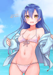 Rule 34 | 1girl, 2020, bad id, bad pixiv id, bare shoulders, bikini, blue hair, blush, breasts, cleavage, collarbone, cowboy shot, dated, day, foreshortening, front-tie bikini top, front-tie top, gluteal fold, groin, hair between eyes, hands up, highres, horizon, jacket, looking at viewer, love live!, love live! school idol project, medium breasts, miyamae porin, ocean, off-shoulder jacket, off shoulder, open clothes, open jacket, open mouth, outdoors, pink bikini, raised eyebrows, sleeves past wrists, solo, sonoda umi, string bikini, sweatdrop, swimsuit, thighs, twitter username, yellow eyes, zipper pull tab