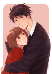 Rule 34 | 1boy, 1girl, black eyes, black hair, blush, brown eyes, brown hair, chiaki shin&#039;ichi, closed mouth, collared shirt, couple, hand on another&#039;s head, height difference, hetero, hug, long sleeves, looking at another, looking at viewer, noda megumi, nodame cantabile, parted lips, rounded corners, sawao (kenban2), shirt, short hair, sweater, turtleneck, upper body, white shirt