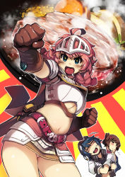 Rule 34 | 3girls, armor, belt, blush, clenched hands, contrapposto, cowboy shot, drooling, closed eyes, fangs, gloves, midriff, mil (xration), multiple girls, navel, open mouth, pink hair, ragnarok online, standing