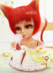 Rule 34 | 1girl, animal ears, birthday, cake, cat, cat ears, eating, food, ikelag, red hair