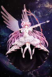 Rule 34 | 10s, 1girl, arrow (projectile), bow (weapon), breasts, cleavage, collarbone, dress, gloves, highres, holding, holding weapon, kaname madoka, long hair, mahou shoujo madoka magica, mahou shoujo madoka magica (anime), pink hair, plue (coruru), small breasts, solo, thighhighs, ultimate madoka, weapon, white dress, white gloves, white thighhighs, wings