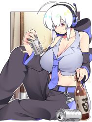 Rule 34 | 1girl, ahoge, armband, bare shoulders, beer bottle, beer can, bellupup, boots, breasts, can, cleavage, detached sleeves, drink can, headphones, highres, indoors, knee boots, large breasts, long hair, midriff, necktie, on floor, purple necktie, red eyes, solo, vest, vocaloid, voyakiloid, white hair, yowane haku