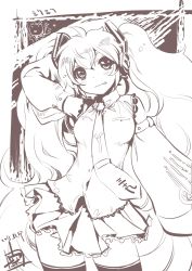 Rule 34 | 1girl, arm behind head, blush, breasts, dated, detached sleeves, hatsune miku, headphones, highres, inoue sora, long hair, monochrome, necktie, signature, skirt, small breasts, solo, thigh gap, thighhighs, twintails, vocaloid