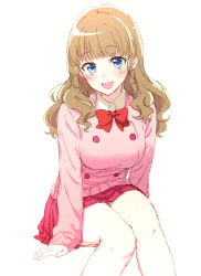 Rule 34 | :d, arm support, bare legs, blue eyes, blunt bangs, blush, bow, bowtie, breasts, collared shirt, cowboy shot, earrings, hair over shoulder, ichigo junior high uniform, jewelry, knees together feet apart, large breasts, leaning forward, light brown hair, long hair, long sleeves, mewkledreamy, open mouth, pink skirt, pink sweater, red bow, red bowtie, sbs, shirt, simple background, sitting, skirt, sleeves past wrists, smile, solo, star (symbol), star in eye, sweater, symbol in eye, tsukishima maira, wavy hair, white background, white shirt