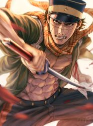 Rule 34 | 1boy, abs, absurdres, black hat, blood, blue pants, clenched teeth, commentary request, golden kamuy, green shirt, hat, highres, holding, holding sword, holding weapon, huge filesize, imperial japanese army, japanese clothes, katana, looking at viewer, male focus, military hat, mprichin, open clothes, open shirt, pants, pectorals, scar, scar on face, scar on mouth, scar on nose, scarf, shirt, short hair, sugimoto saichi, sword, teeth, weapon, white background, yellow eyes, yellow hat, yellow scarf