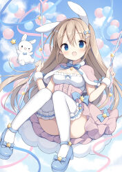 Rule 34 | &gt; o, 1girl, :d, ;d, animal ears, balloon, blue bow, blue eyes, blue footwear, blue sky, bow, breasts, brown hair, capelet, cloud, commentary request, day, frilled skirt, frilled thighhighs, frills, hair between eyes, hair bow, hair ornament, hairclip, hands up, highres, izuminanase, looking at viewer, medium breasts, one eye closed, open mouth, original, outdoors, pink capelet, pink skirt, rabbit ears, rabbit hair ornament, shoes, skirt, sky, smile, solo, star (symbol), star hair ornament, swing, thighhighs, white thighhighs